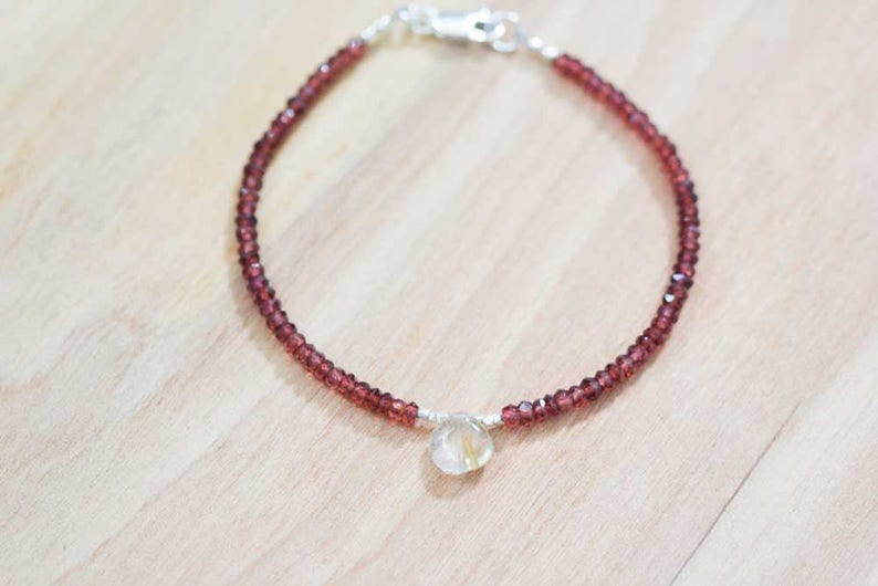 Delicate Red Garnet Bracelet with Golden Rutilated Quartz, Multi Gemstone Beaded Stacking Bracelet, Garnet Jewelry, Red Gemstone Bracelet