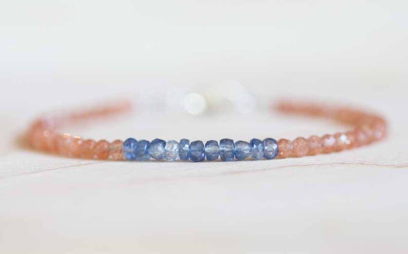 Sunstone Bracelet with Blue Kyanite, Delicate Beaded Stacking Orange Gemstone Jewelry, Rose Gold Fill or Sterling Silver