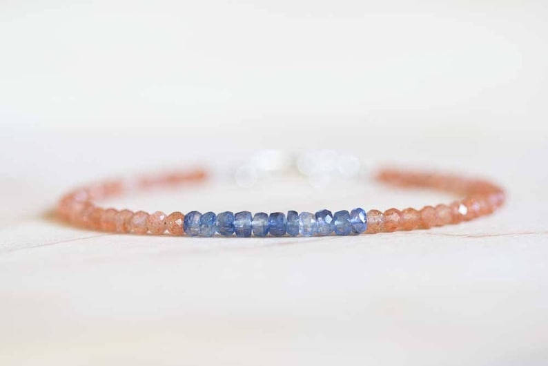 Sunstone Bracelet with Blue Kyanite, Delicate Beaded Stacking Orange Gemstone Jewelry, Rose Gold Fill or Sterling Silver