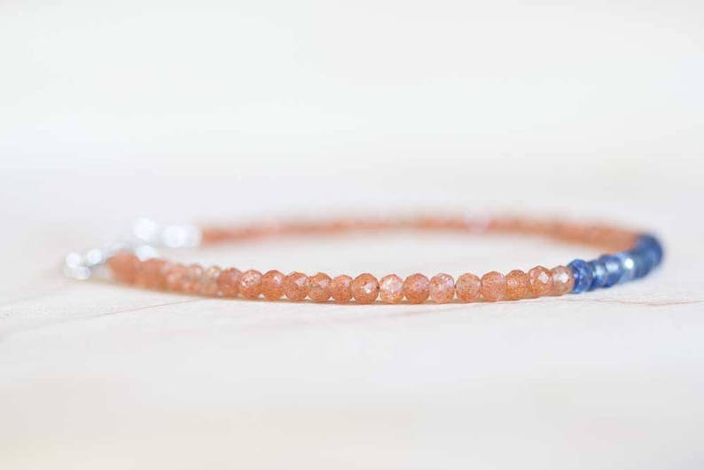 Sunstone Bracelet with Blue Kyanite, Delicate Beaded Stacking Orange Gemstone Jewelry, Rose Gold Fill or Sterling Silver