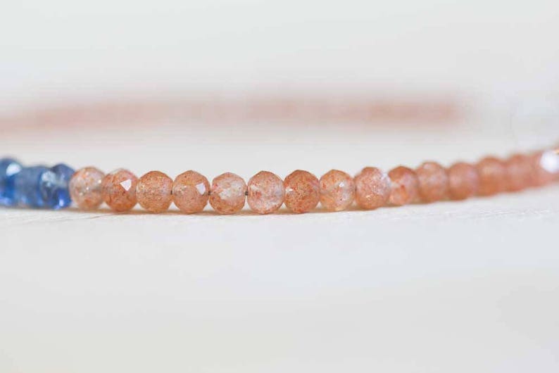 Sunstone Bracelet with Blue Kyanite, Delicate Beaded Stacking Orange Gemstone Jewelry, Rose Gold Fill or Sterling Silver