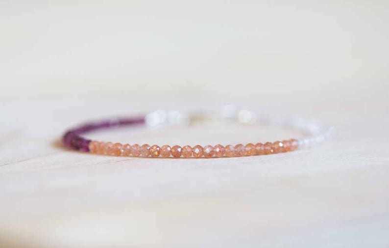 Sunstone, Rose Quartz and Garnet Bracelet, Delicate Beaded Stacking Multi Gemstone Jewelry, Rose Gold Fill or Sterling Silver, Rhodolite