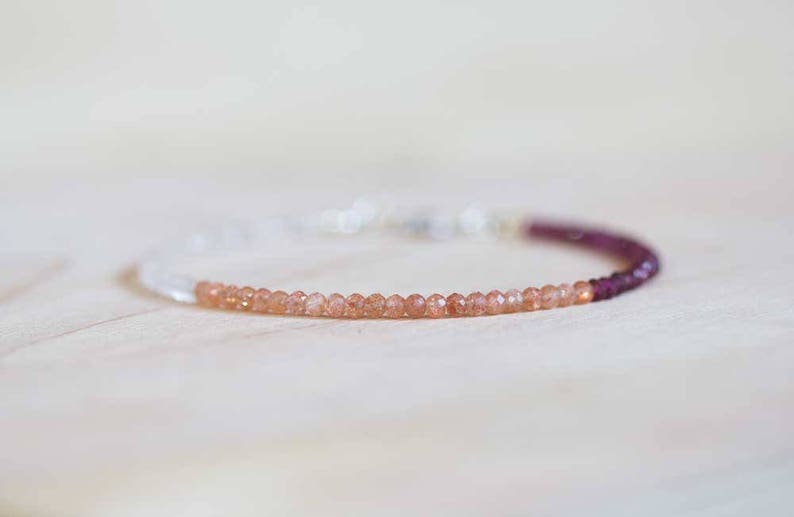 Sunstone, Rose Quartz and Garnet Bracelet, Delicate Beaded Stacking Multi Gemstone Jewelry, Rose Gold Fill or Sterling Silver, Rhodolite