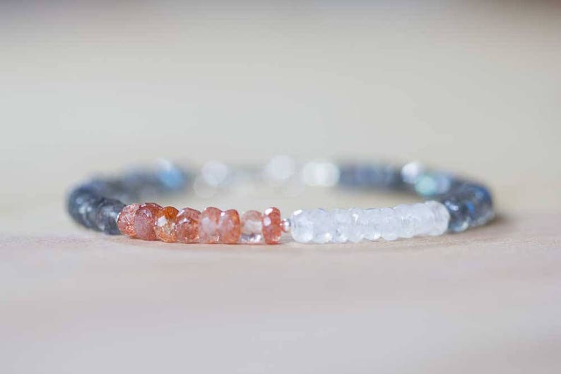 Labradorite, Rainbow Moonstone & Sunstone Bracelet, Labradorite Jewelry, Gemstone Stacking Bracelet, Sterling Silver Rose Gold Filled