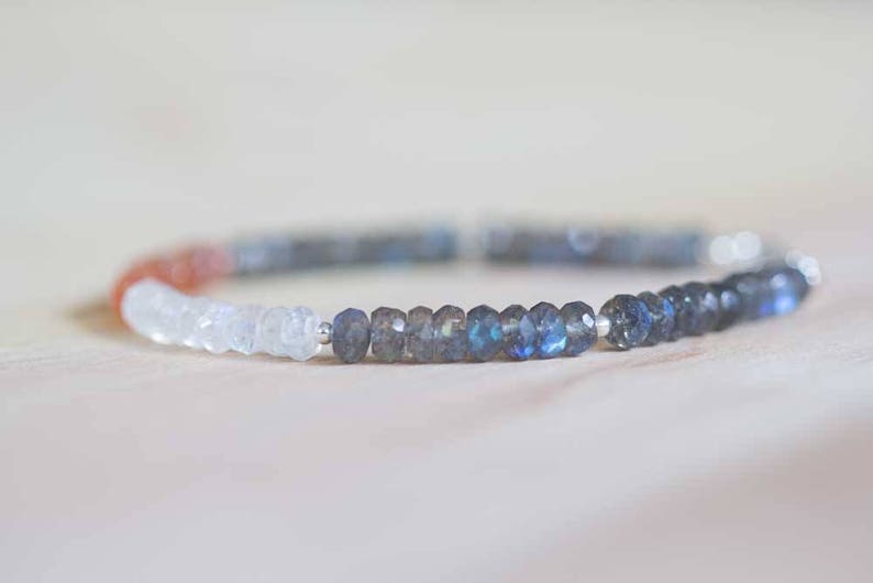 Labradorite, Rainbow Moonstone & Sunstone Bracelet, Labradorite Jewelry, Gemstone Stacking Bracelet, Sterling Silver Rose Gold Filled