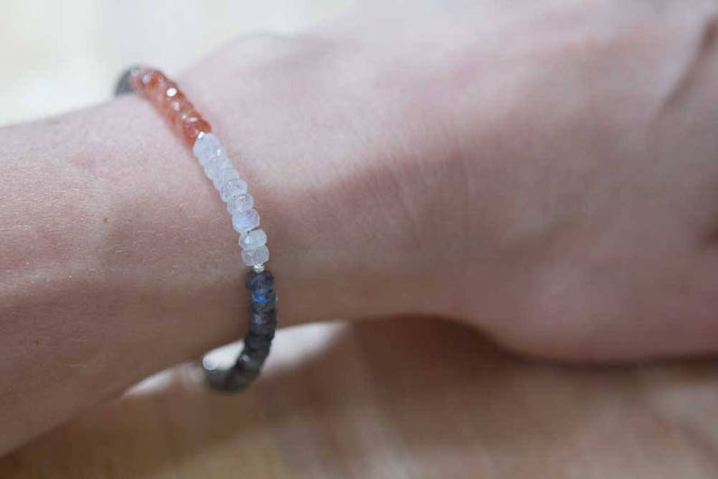 Labradorite, Rainbow Moonstone & Sunstone Bracelet, Labradorite Jewelry, Gemstone Stacking Bracelet, Sterling Silver Rose Gold Filled
