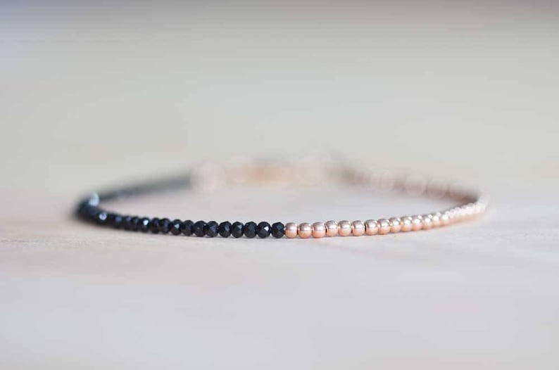 Black Spinel Bracelet, Sterling Silver or Rose Gold Filled, Delicate Black Gemstone Skinny Stacking Bracelet, Tiny Faceted Beads Jewelry