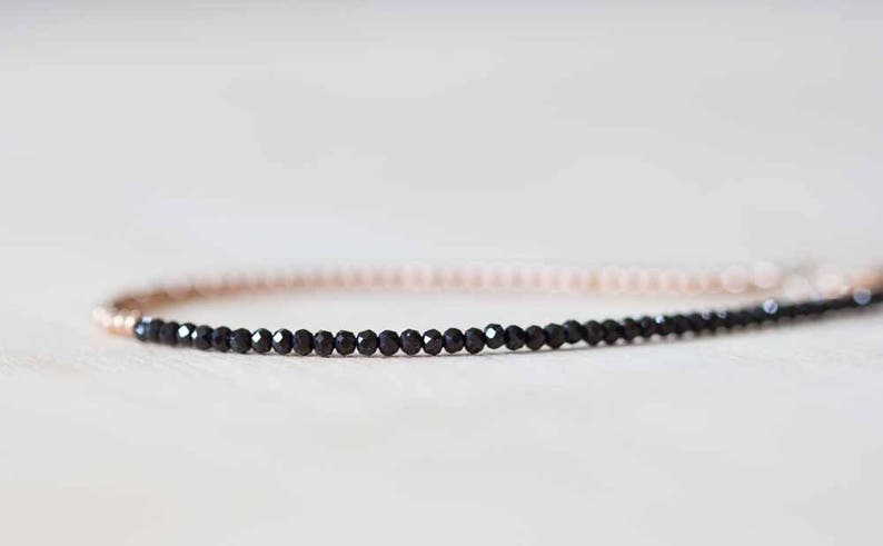 Black Spinel Bracelet, Sterling Silver or Rose Gold Filled, Delicate Black Gemstone Skinny Stacking Bracelet, Tiny Faceted Beads Jewelry