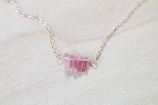 Tiny Pink Tourmaline Crystal Necklace on Sterling Silver, Oxidized Silver or Rose Gold Filled Chain, Delicate Raw Tourmaline Jewelry