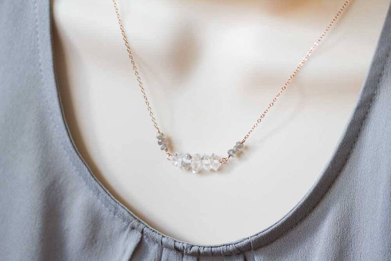Delicate Quartz Crystal Necklace on Rose Gold Filled or Sterling Silver Chain, Herkimer Diamond Type Crystal Necklace, April Birthstone