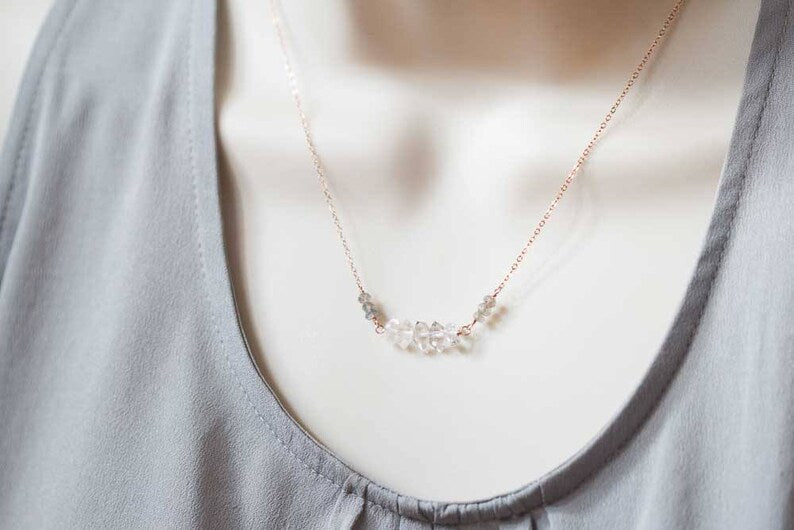 Delicate Quartz Crystal Necklace on Rose Gold Filled or Sterling Silver Chain, Herkimer Diamond Type Crystal Necklace, April Birthstone