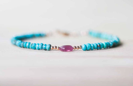 Sleeping Beauty Turquoise Bracelet with Pink Sapphire, Delicate Beaded Gemstone Jewelry, Genuine Turquoise Sterling Silver Rose Gold Fill