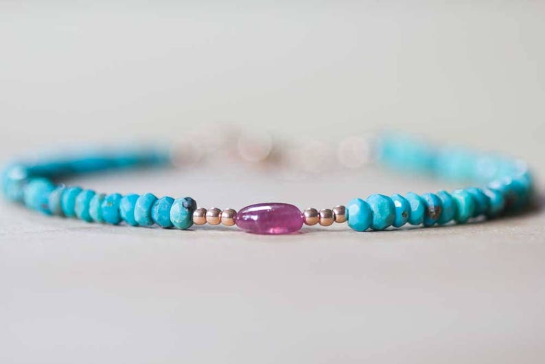Sleeping Beauty Turquoise Bracelet with Pink Sapphire, Delicate Beaded Gemstone Jewelry, Genuine Turquoise Sterling Silver Rose Gold Fill