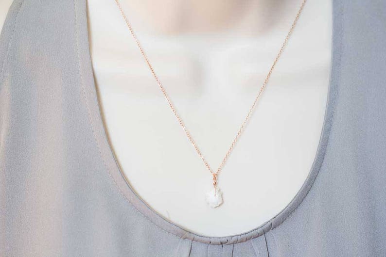 Selenite Necklace on Sterling Silver or Rose Gold Filled Chain, Small White Natural Druzy Pendant, Delicate Genuine Crystal Jewelry