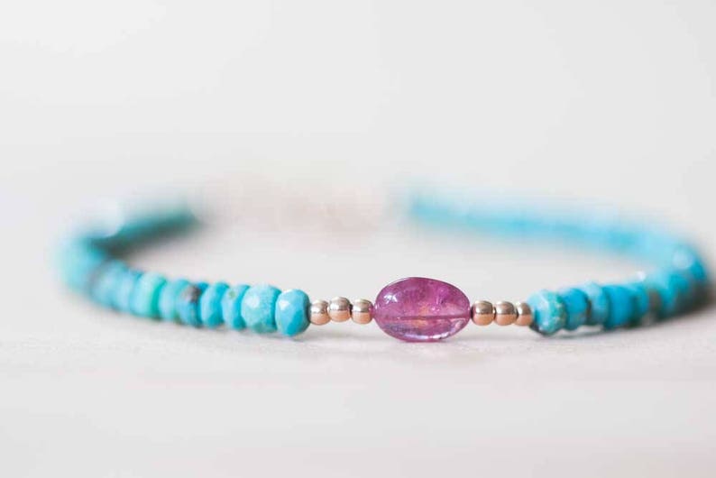 Sleeping Beauty Turquoise Bracelet with Pink Sapphire, Delicate Beaded Gemstone Jewelry, Genuine Turquoise Sterling Silver Rose Gold Fill