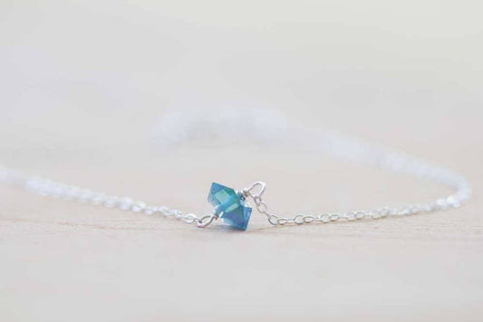 Tiny Aqua Aura Diamond Quartz Bracelet on Gold Filled or Sterling Silver Chain, Delicate Chain Bracelet, Oxidized Sterling Rose Gold Fill