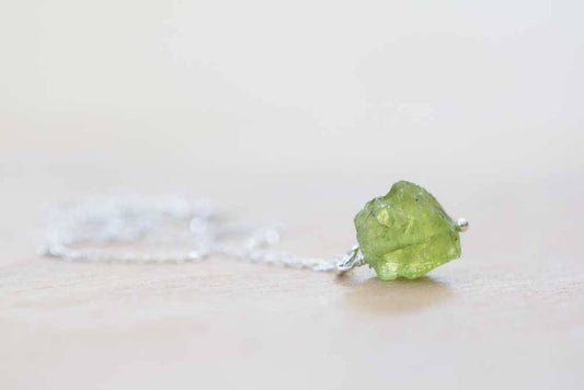 Rough Peridot Necklace on Sterling Silver or Rose Gold Filled Chain, Small Raw Peridot Pendant, Green Gemstone Jewelry, August Birthstone