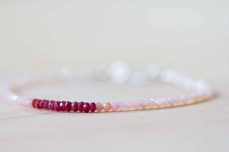 Pink Opal & Ruby Bracelet, Delicate Beaded Multi Gemstone Bracelet, Red and Pink Genuine Gemstone Jewelry, October July Birthstone
