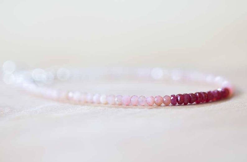 Pink Opal & Ruby Bracelet, Delicate Beaded Multi Gemstone Bracelet, Red and Pink Genuine Gemstone Jewelry, October July Birthstone