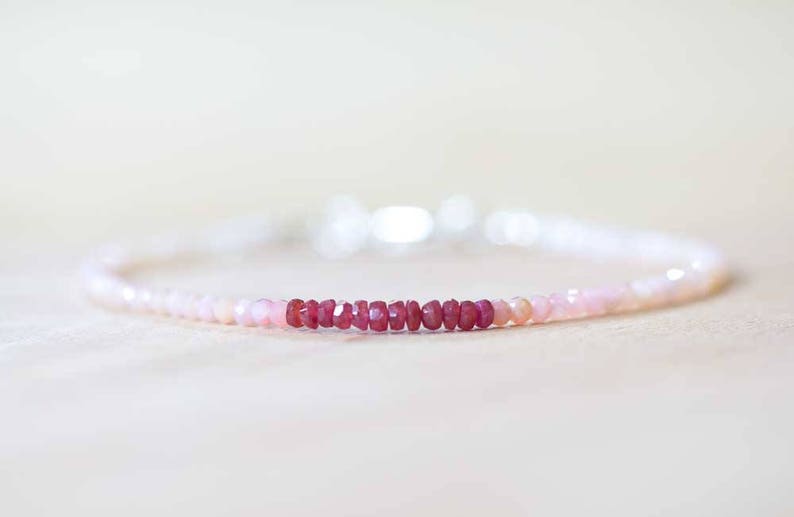 Pink Opal & Ruby Bracelet, Delicate Beaded Multi Gemstone Bracelet, Red and Pink Genuine Gemstone Jewelry, October July Birthstone
