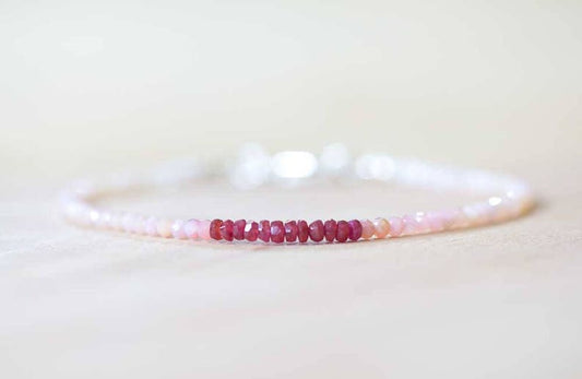 Pink Opal & Ruby Bracelet, Delicate Beaded Multi Gemstone Bracelet, Red and Pink Genuine Gemstone Jewelry, October July Birthstone
