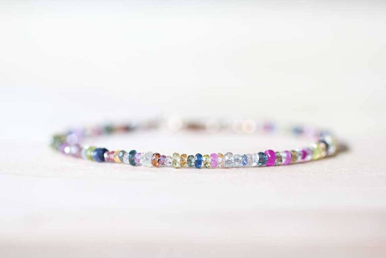 Multi Color Sapphire Bracelet, Rose Gold Fill or Sterling Silver, Delicate Beaded September Birthstone Jewelry