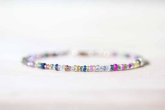 Multi Color Sapphire Bracelet, Rose Gold Fill or Sterling Silver, Delicate Beaded September Birthstone Jewelry