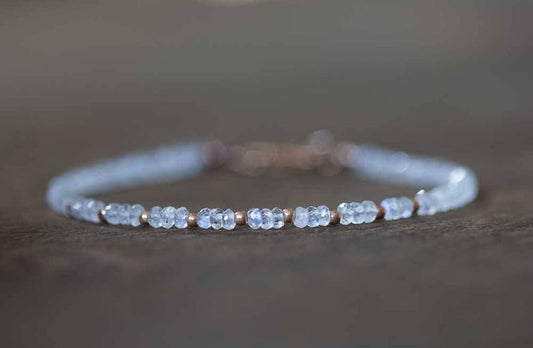 Moonstone Bracelet with Rose Gold Filled or Sterling Silver, Beaded Rainbow Moonstone Jewelry, White Gemstone Stacking, June Birthstone