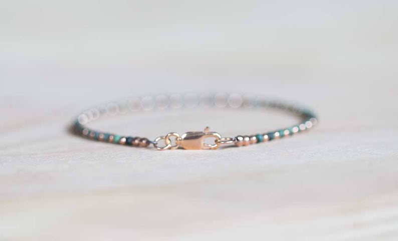 African Turquoise Bracelet with Sterling Silver or Rose Gold Filled, Dainty Green Jasper Jewelry, Beaded Bracelet Set