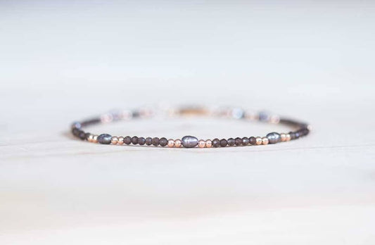 Smoky Quartz Bracelet with Peacock Pearls, Delicate Multi Gemstone Beaded Jewelry, Rose Gold Fill or Sterling Silver, Tiny Faceted Beads