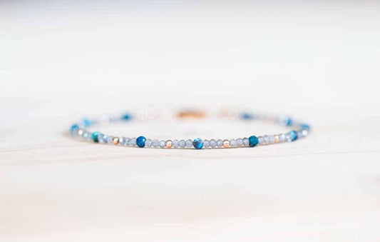 Labradorite Bracelet with Chrysocolla, Delicate Multi Gemstone Beaded Jewelry, Rose Gold Fill or Sterling Silver, Dainty Faceted Beads