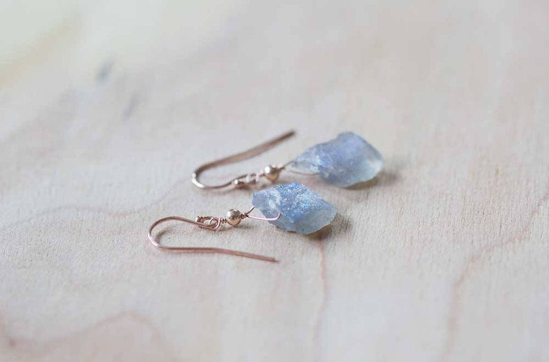 Rough Labradorite Earrings, Raw Blue Gray Gemstone Dangle Earrings, Sterling Silver or Rose Gold Filled