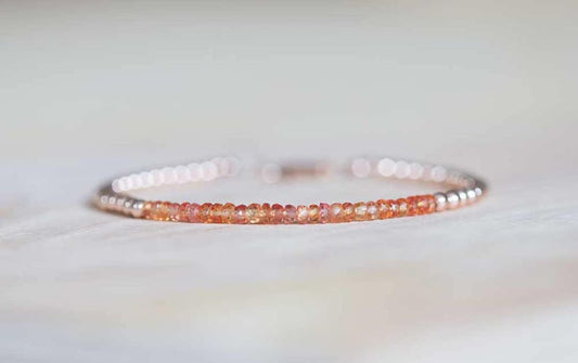 Padparadscha Bracelet with Rose Gold Filled or Sterling Silver, Delicate Orange Sapphire Bracelet, Beaded Genuine Sapphire Jewelry