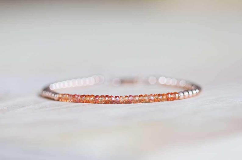 Padparadscha Bracelet with Rose Gold Filled or Sterling Silver, Delicate Orange Sapphire Bracelet, Beaded Genuine Sapphire Jewelry