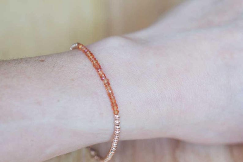 Padparadscha Bracelet with Rose Gold Filled or Sterling Silver, Delicate Orange Sapphire Bracelet, Beaded Genuine Sapphire Jewelry