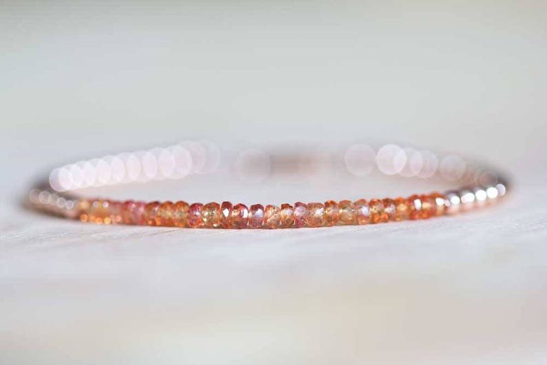 Padparadscha Bracelet with Rose Gold Filled or Sterling Silver, Delicate Orange Sapphire Bracelet, Beaded Genuine Sapphire Jewelry
