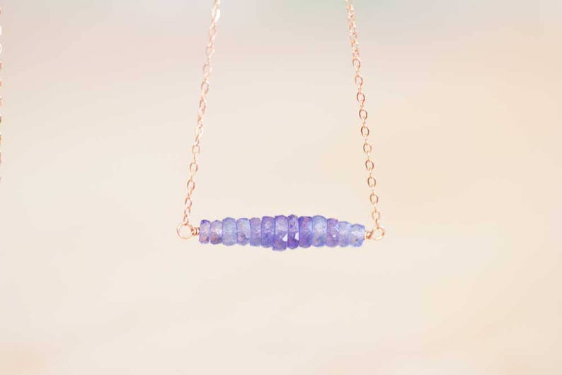 Tanzanite Bar Necklace on Rose Gold Filled, Oxidized Sterling or Sterling Silver Chain, Delicate December Birthstone Jewelry, Blue Gemstone
