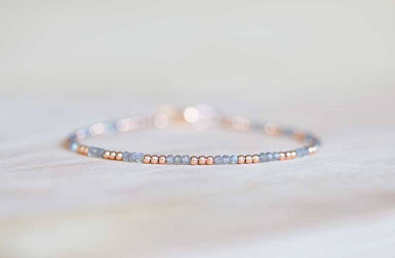 Labradorite Bracelet, Ultra Delicate Minimal Stacking Beaded Grey Gemstone Jewelry, Minimalist Super Skinny, Sterling Silver Rose Gold Fill