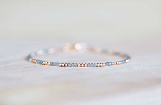 Labradorite Bracelet, Ultra Delicate Minimal Stacking Beaded Grey Gemstone Jewelry, Minimalist Super Skinny, Sterling Silver Rose Gold Fill