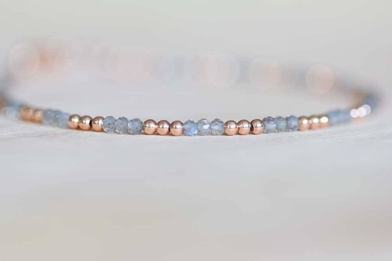 Labradorite Bracelet, Ultra Delicate Minimal Stacking Beaded Grey Gemstone Jewelry, Minimalist Super Skinny, Sterling Silver Rose Gold Fill