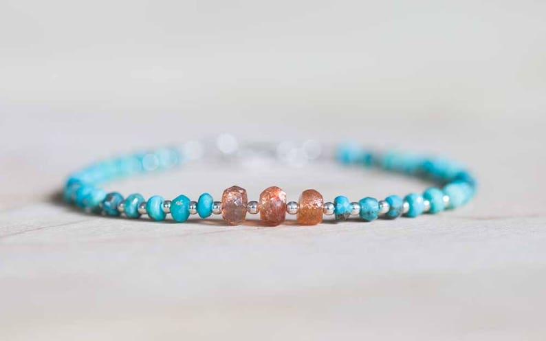 Sleeping Beauty Turquoise Bracelet with Sunstone, Delicate Beaded Genuine Multi Gemstone Jewelry, Sterling Silver Rose Gold Fill