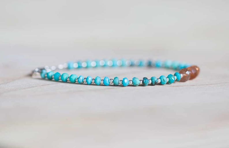 Sleeping Beauty Turquoise Bracelet with Sunstone, Delicate Beaded Genuine Multi Gemstone Jewelry, Sterling Silver Rose Gold Fill