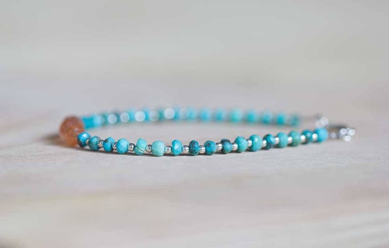 Sleeping Beauty Turquoise Bracelet with Sunstone, Delicate Beaded Genuine Multi Gemstone Jewelry, Sterling Silver Rose Gold Fill