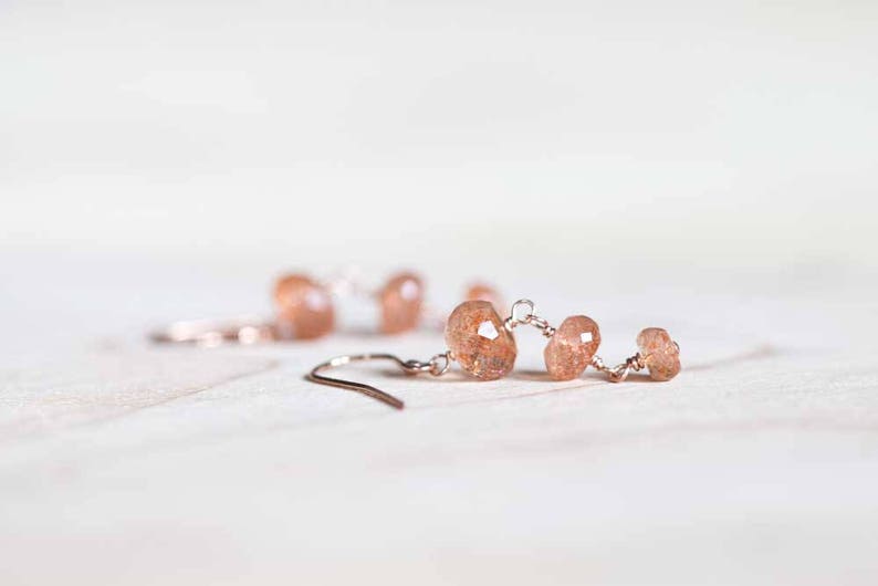 Sunstone Earrings with Rose Gold Fill or Sterling Silver, Delicate Orange Gemstone Dangle Earrings, Faceted Rondelle Sunstone Jewelry