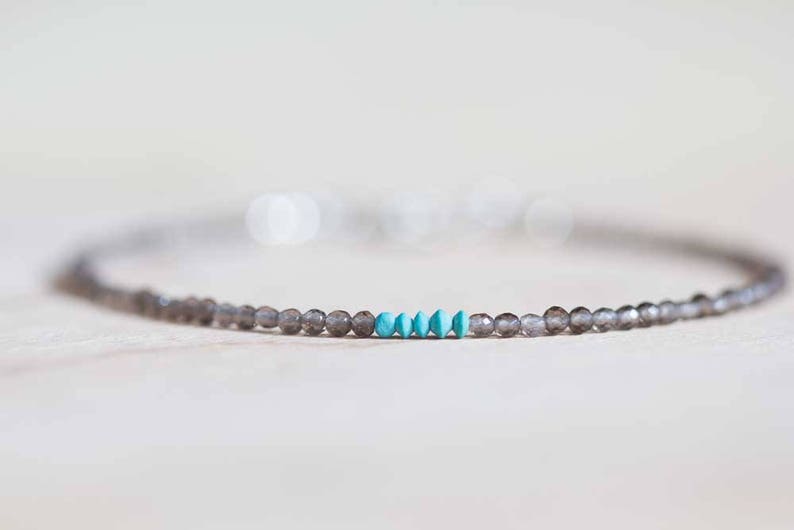 Smoky Quartz Bracelet with Turquoise, Ultra Delicate Beaded Gemstone Bracelet, Smokey Quartz Jewelry, Rose Gold Fill or Sterling Silver