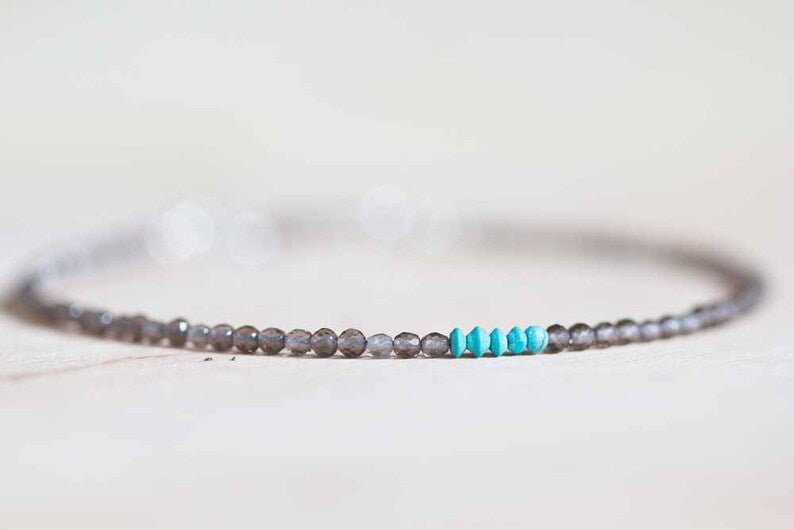 Smoky Quartz Bracelet with Turquoise, Ultra Delicate Beaded Gemstone Bracelet, Smokey Quartz Jewelry, Rose Gold Fill or Sterling Silver