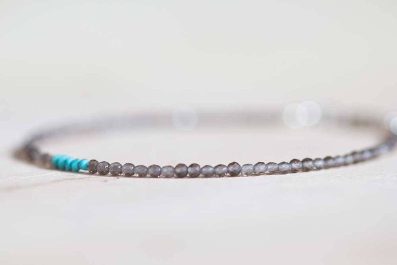 Smoky Quartz Bracelet with Turquoise, Ultra Delicate Beaded Gemstone Bracelet, Smokey Quartz Jewelry, Rose Gold Fill or Sterling Silver