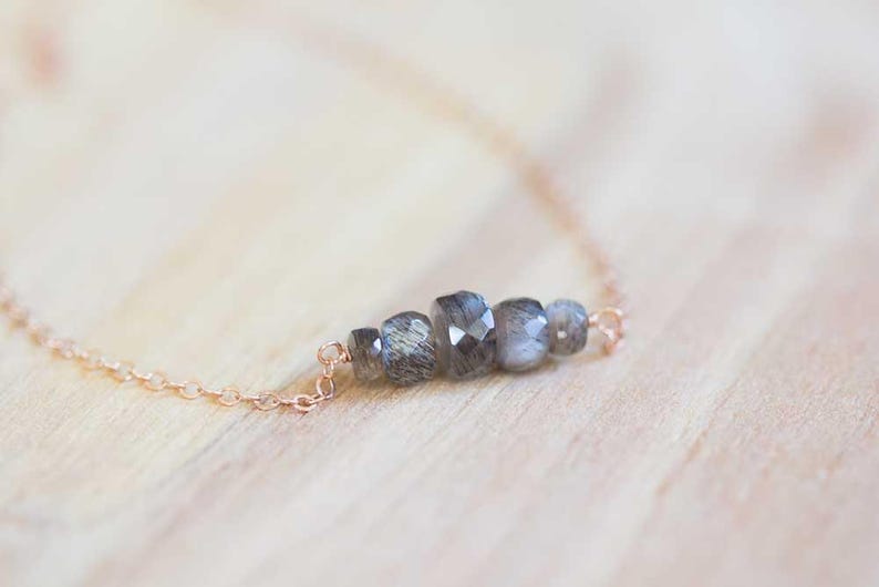 Gray Moonstone Bar Necklace on Oxidized Sterling, Sterling Silver, Yellow or Rose Gold Filled Chain, Delicate Gemstone Layering Jewelry