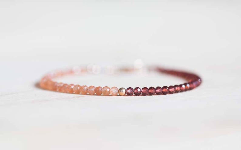 Sunstone & Garnet Bracelet, Dainty Beaded Stacking Red Garnet Jewelry, Rose Gold Fill or Sterling Silver