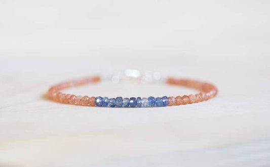 Sunstone Bracelet with Blue Kyanite, Delicate Beaded Stacking Orange Gemstone Jewelry, Rose Gold Fill or Sterling Silver